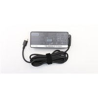 Black Lenovo 65W power adapter with attached cord and Velcro strap, rectangular design with label on top.