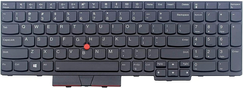 Black Lenovo laptop keyboard featuring a compact layout, prominent red TrackPoint in the center, and distinct function keys, designed as a spare part for model 01HX258.