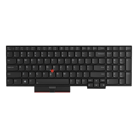 Black Lenovo keyboard with a compact layout, featuring a red TrackPoint in the center, standard keys, and a sleek, matte finish.