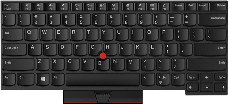 Black Lenovo laptop keyboard featuring a compact layout, with distinct red TrackPoint, function keys, and a smooth matte finish.