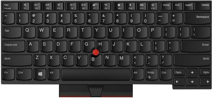Black Lenovo laptop keyboard featuring a compact layout, rounded keys, and a distinctive red TrackPoint in the center, designed for efficient typing and navigation.