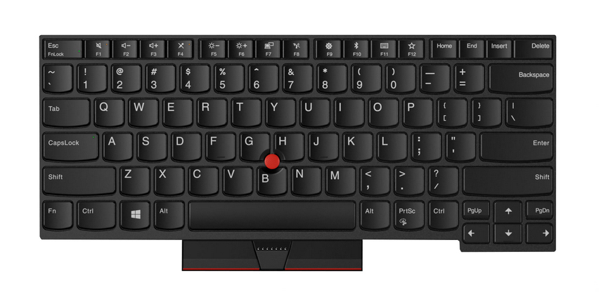 Black Lenovo laptop keyboard with a compact layout, featuring a red TrackPoint in the center, function keys, and a textured finish for enhanced grip.