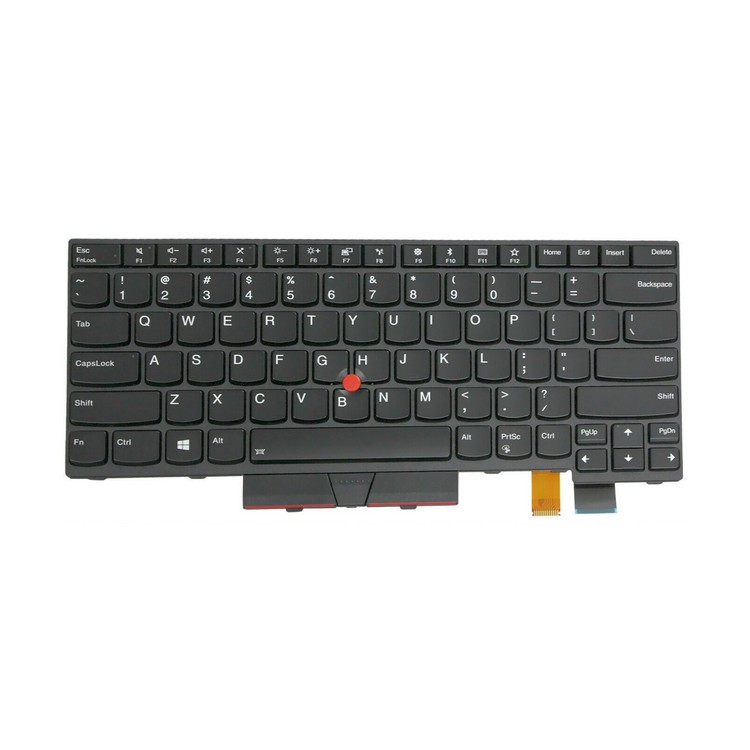 Black Lenovo laptop keyboard with a compact layout, featuring white lettering on keys, a red TrackPoint in the center, and a ribbon cable for connection.