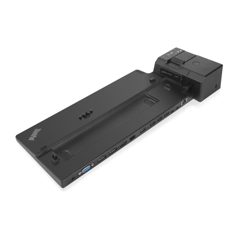 Black Lenovo 01HY744 laptop docking station featuring multiple ports, including USB, HDMI, and VGA, with a sleek, durable design for enhanced connectivity.