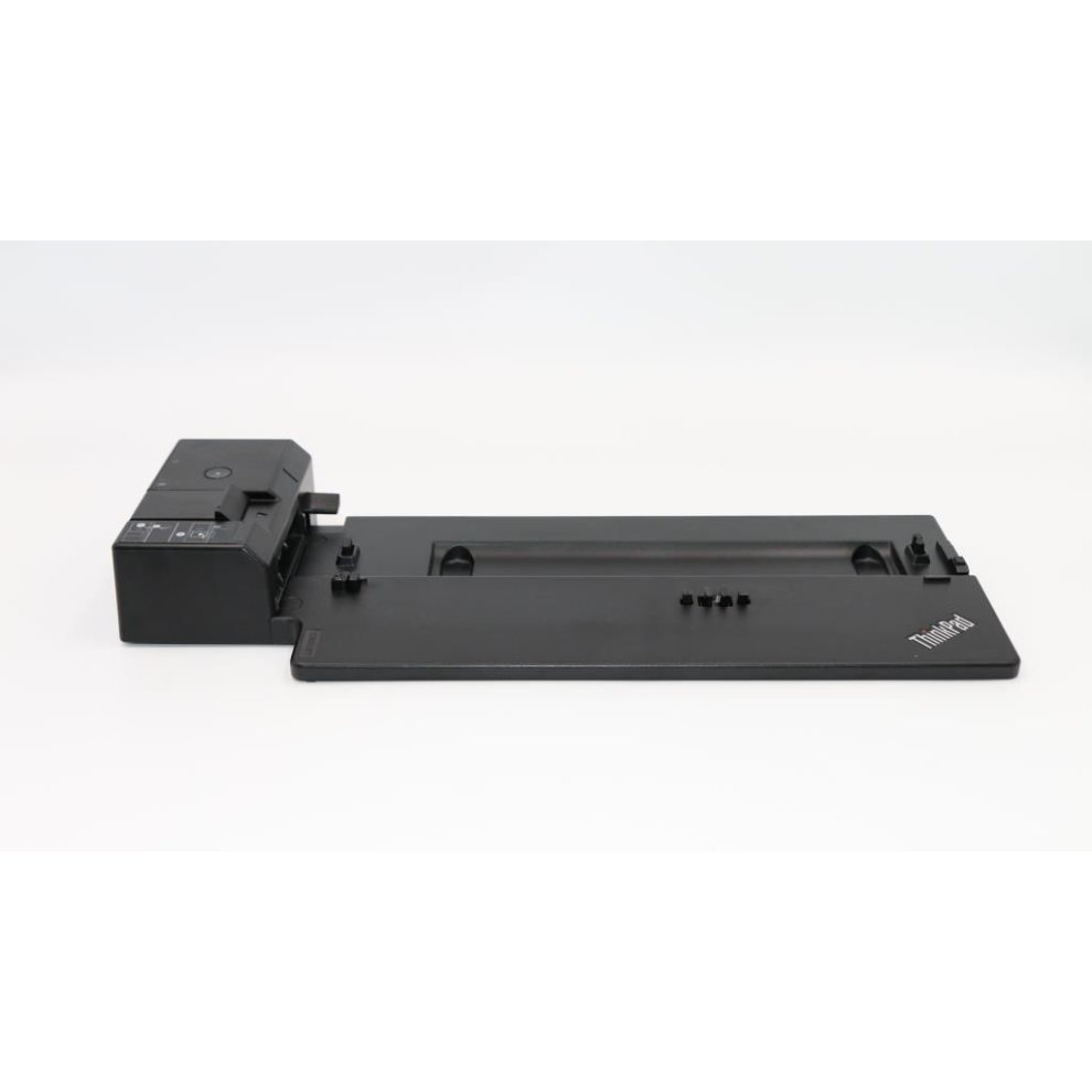 Black Lenovo 01HY745 laptop dock features a sleek design with a wireless WiGig connection, multiple ports, and a prominent Lenovo logo on the side.