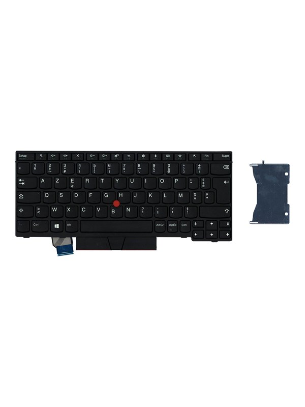 Black Lenovo laptop keyboard with white letters, featuring a red "H" key and a removable keycap, accompanied by a small plastic bracket on the side.