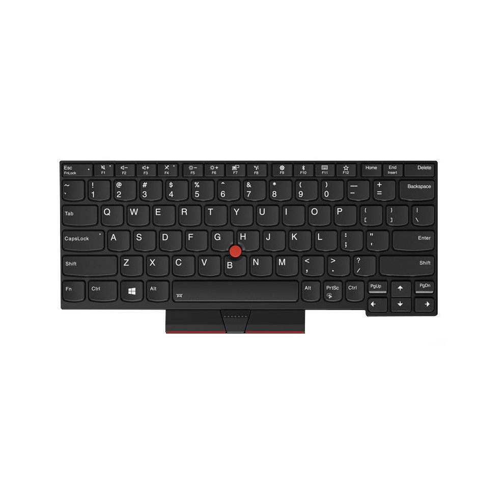 Black Lenovo laptop keyboard with a compact layout, featuring white lettering, a red trackpoint in the center, and a sleek, matte finish.