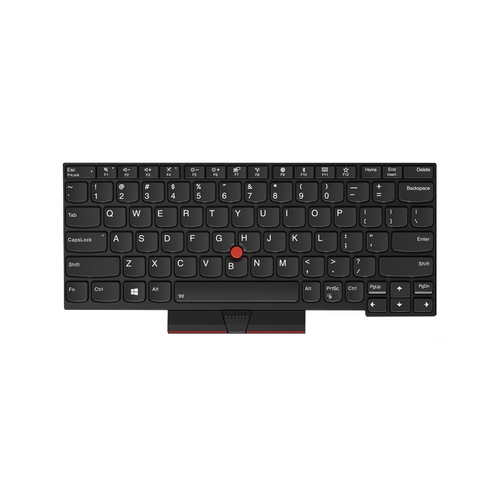 Black Lenovo laptop keyboard with a compact layout, featuring a red TrackPoint in the center, and distinct key labels for functions and navigation.