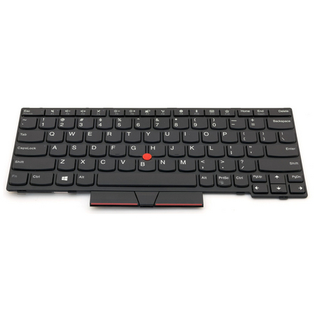 Black Lenovo laptop keyboard with a compact layout, featuring white lettering on keys, a red accent below the spacebar, and a sleek, matte finish.