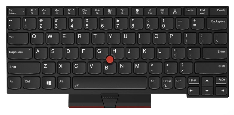 Black Lenovo laptop keyboard featuring a compact layout, with a red TrackPoint in the center and function keys at the top, designed for Lenovo models.