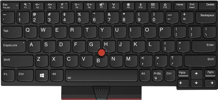 Black Lenovo keyboard featuring a compact layout, prominent red TrackPoint in the center, and white lettering on keys, designed for efficient typing and navigation.