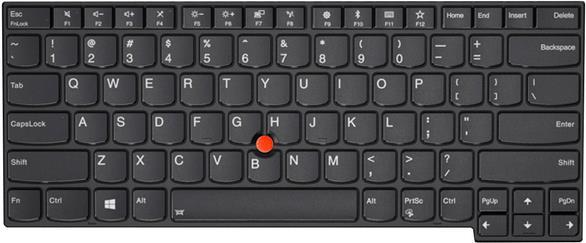 Black Lenovo keyboard with a compact layout, featuring a red TrackPoint in the center, rounded keys, and function keys labeled in white.