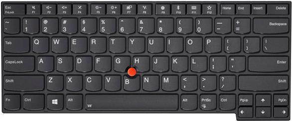 Black Lenovo laptop keyboard with a compact layout, featuring a red TrackPoint in the center, and distinct function keys labeled for easy access.