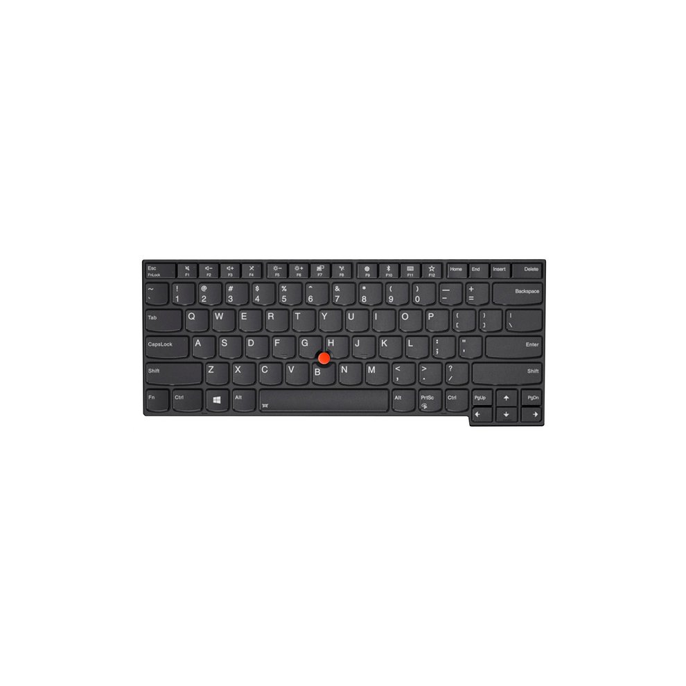 Black Lenovo laptop keyboard with a compact layout, featuring white letters on keys and a distinctive red TrackPoint in the center.