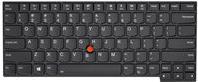 Black Lenovo laptop keyboard featuring a compact layout, with distinct red TrackPoint in the center and white lettering on the keys.