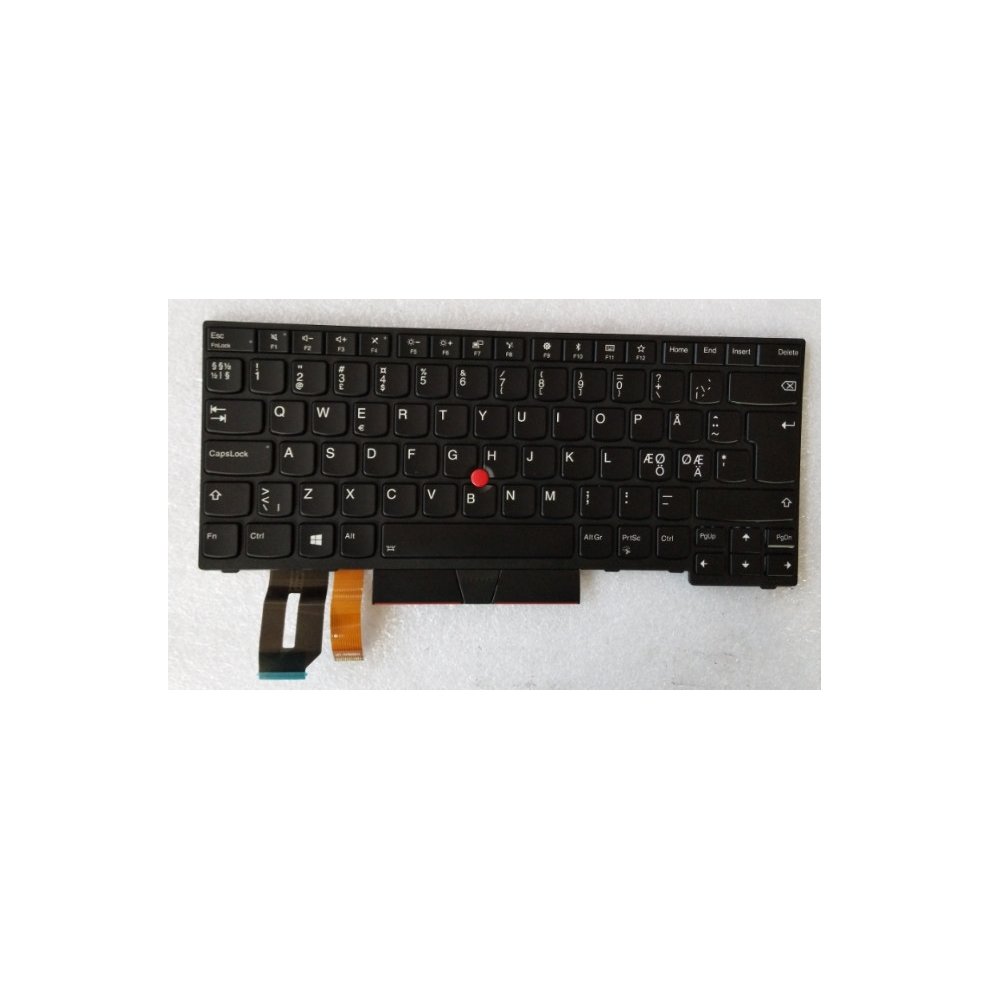 Black Lenovo laptop keyboard with a compact layout, featuring a red TrackPoint in the center, two ribbon cables attached, and distinct function and navigation keys.