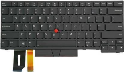 Black Lenovo laptop keyboard with a compact layout, featuring a red trackpoint, function keys, and a ribbon cable for connection.