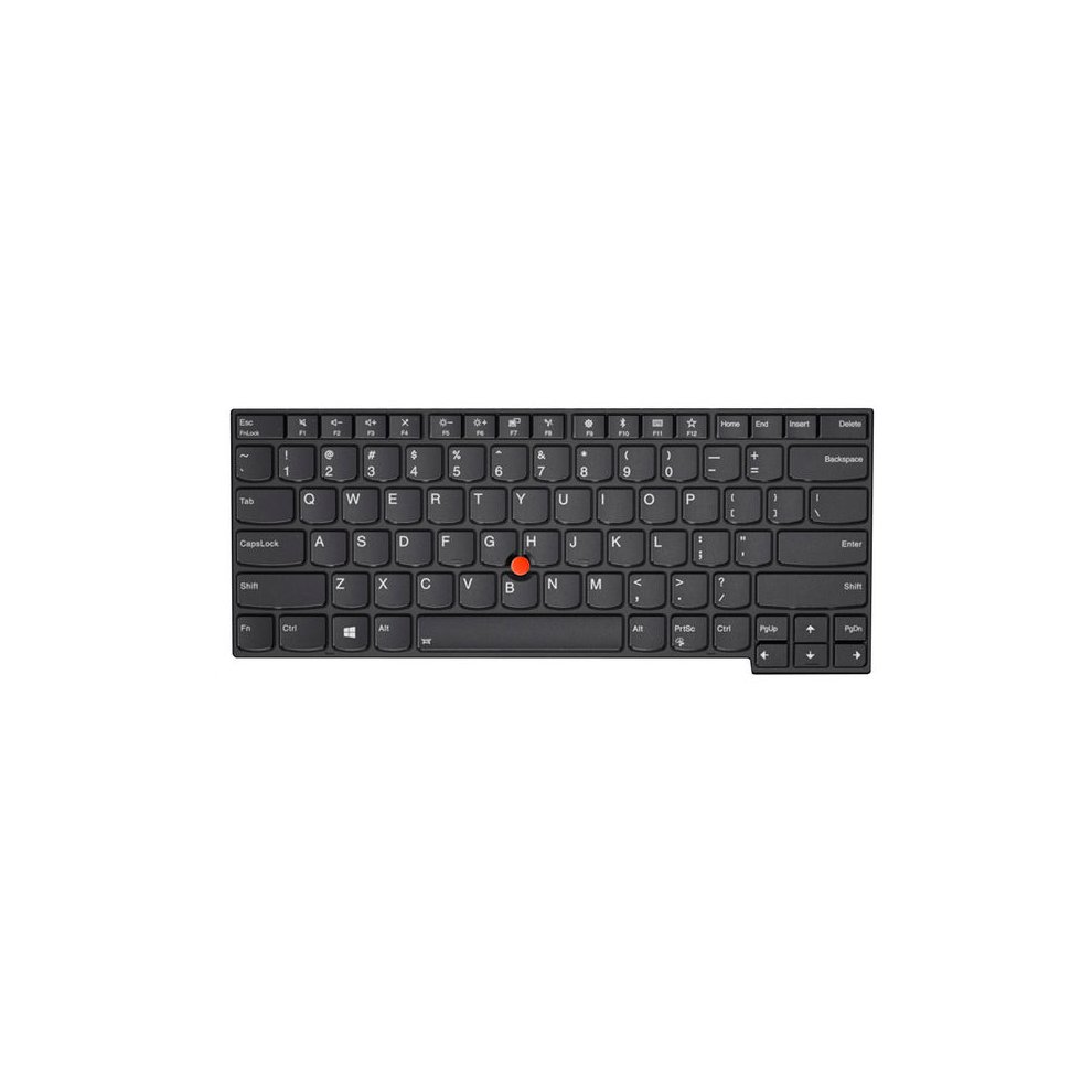 Black Lenovo laptop keyboard with a compact layout, featuring standard keys and a distinctive red TrackPoint button in the center.
