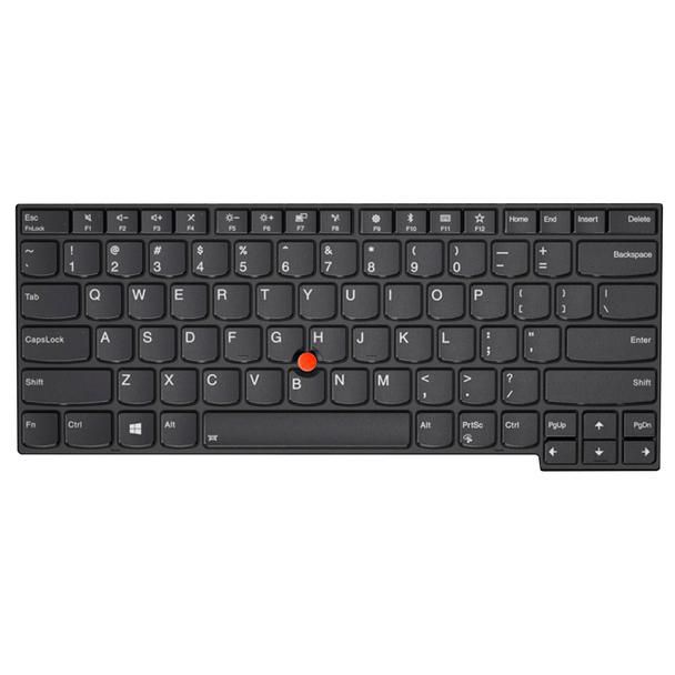 Black Lenovo laptop keyboard with a compact layout, featuring white lettering on keys, a red TrackPoint in the center, and function keys for enhanced usability.