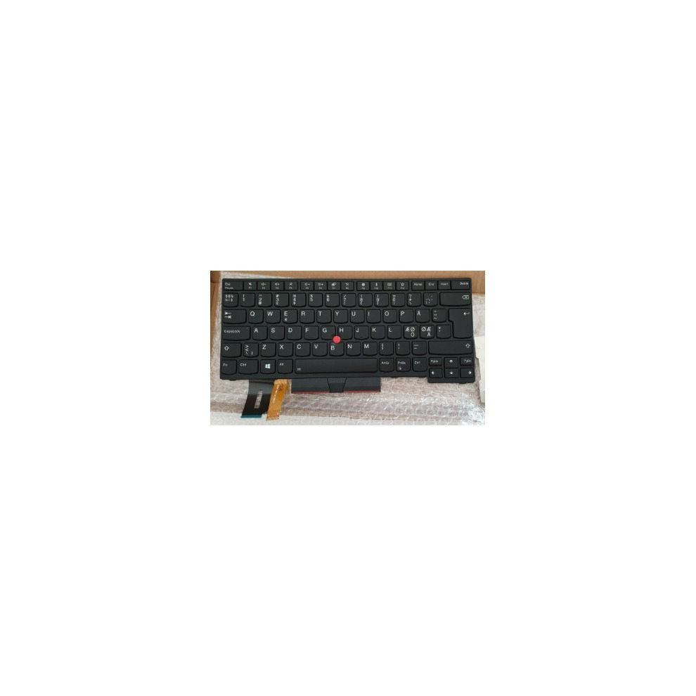 Black Lenovo laptop keyboard with a compact layout, featuring white lettering on keys and a red TrackPoint in the center, mounted on a protective backing.
