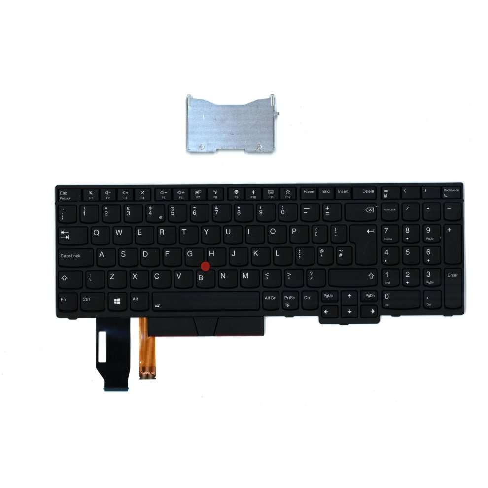 Black Lenovo laptop keyboard with a standard layout, featuring white lettering on keys, a ribbon connector, and a metal backing plate.