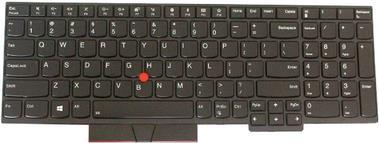 Black Lenovo laptop keyboard featuring a compact layout, with distinct keys, a red TrackPoint in the center, and a smooth plastic finish.