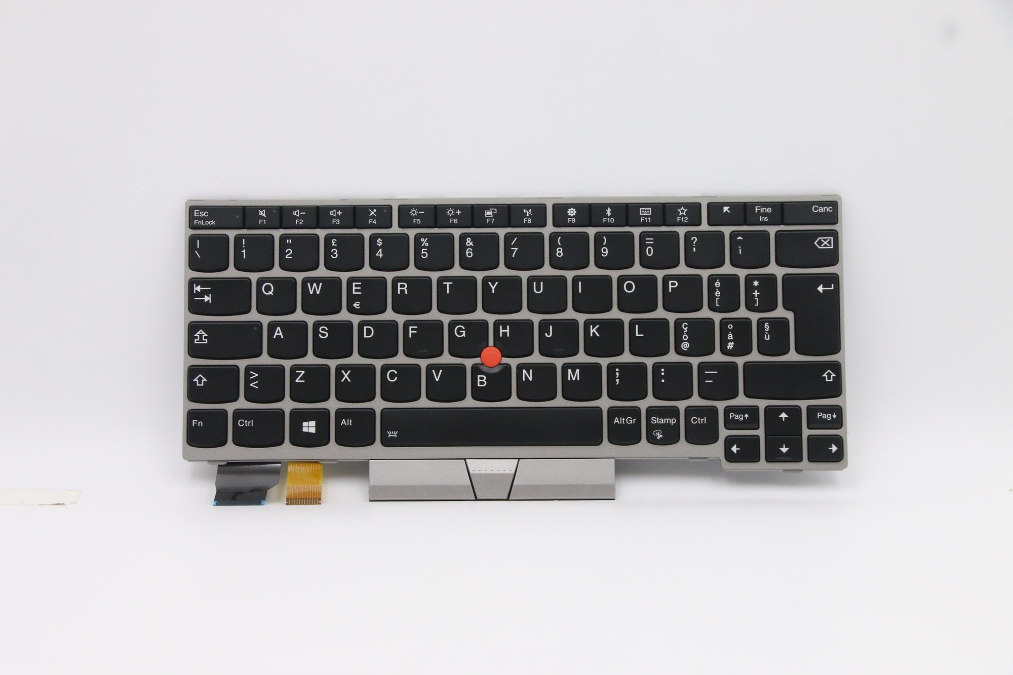 Black Lenovo laptop keyboard with a silver base, featuring a red trackpoint, standard QWERTY layout, and function keys, designed for Lenovo models.