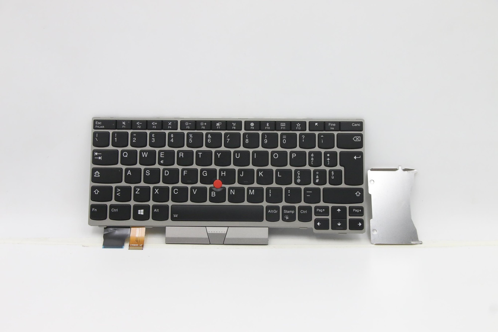 Black Lenovo laptop keyboard with white lettering, featuring a red trackpoint, silver backplate, and a flexible connector on the side for installation.