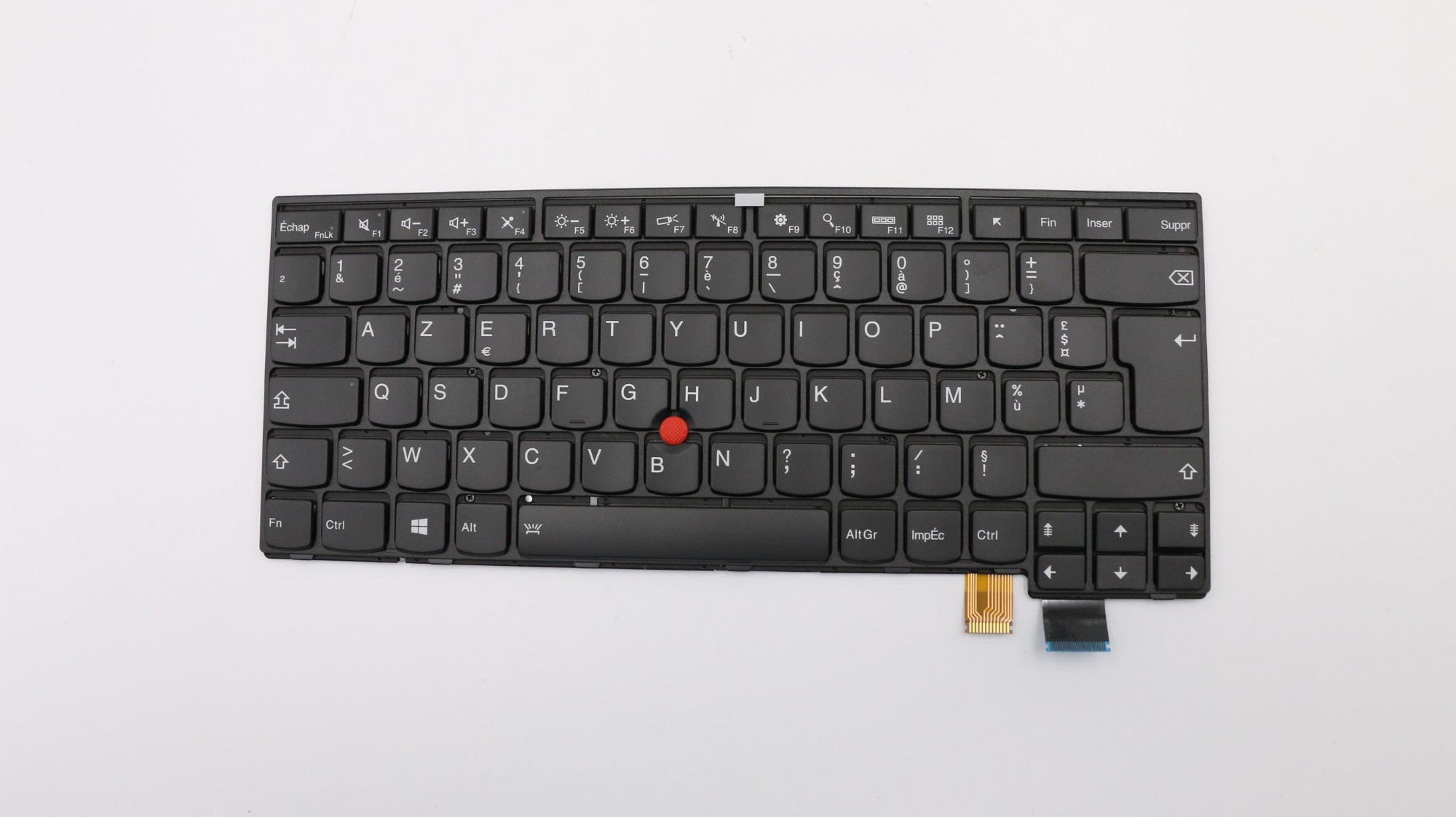 Black Lenovo laptop keyboard spare part featuring a compact layout, distinct red TrackPoint, and white lettering on keys, with a connector at the bottom right.