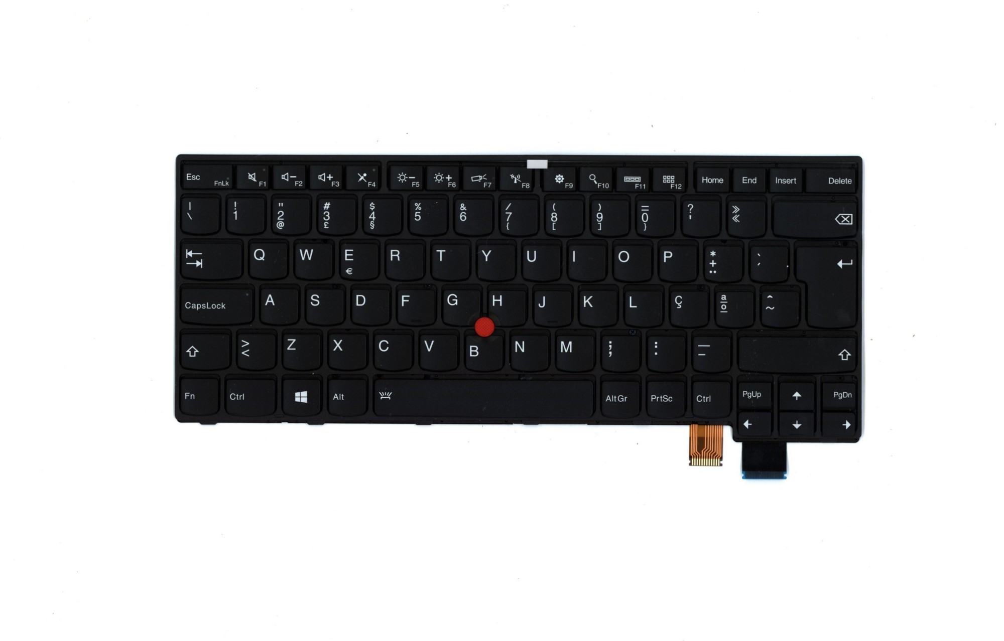 Black Lenovo laptop keyboard with a compact design, featuring a red trackpoint, white lettering on keys, and a connector at the bottom right.