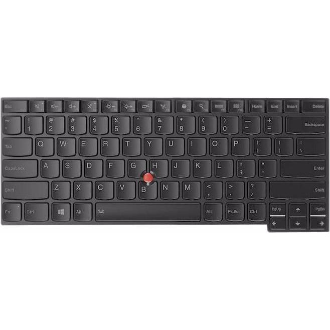 Black Lenovo 01YT112 laptop keyboard featuring a compact layout, with a red TrackPoint in the center and standard function keys, made of durable plastic material.