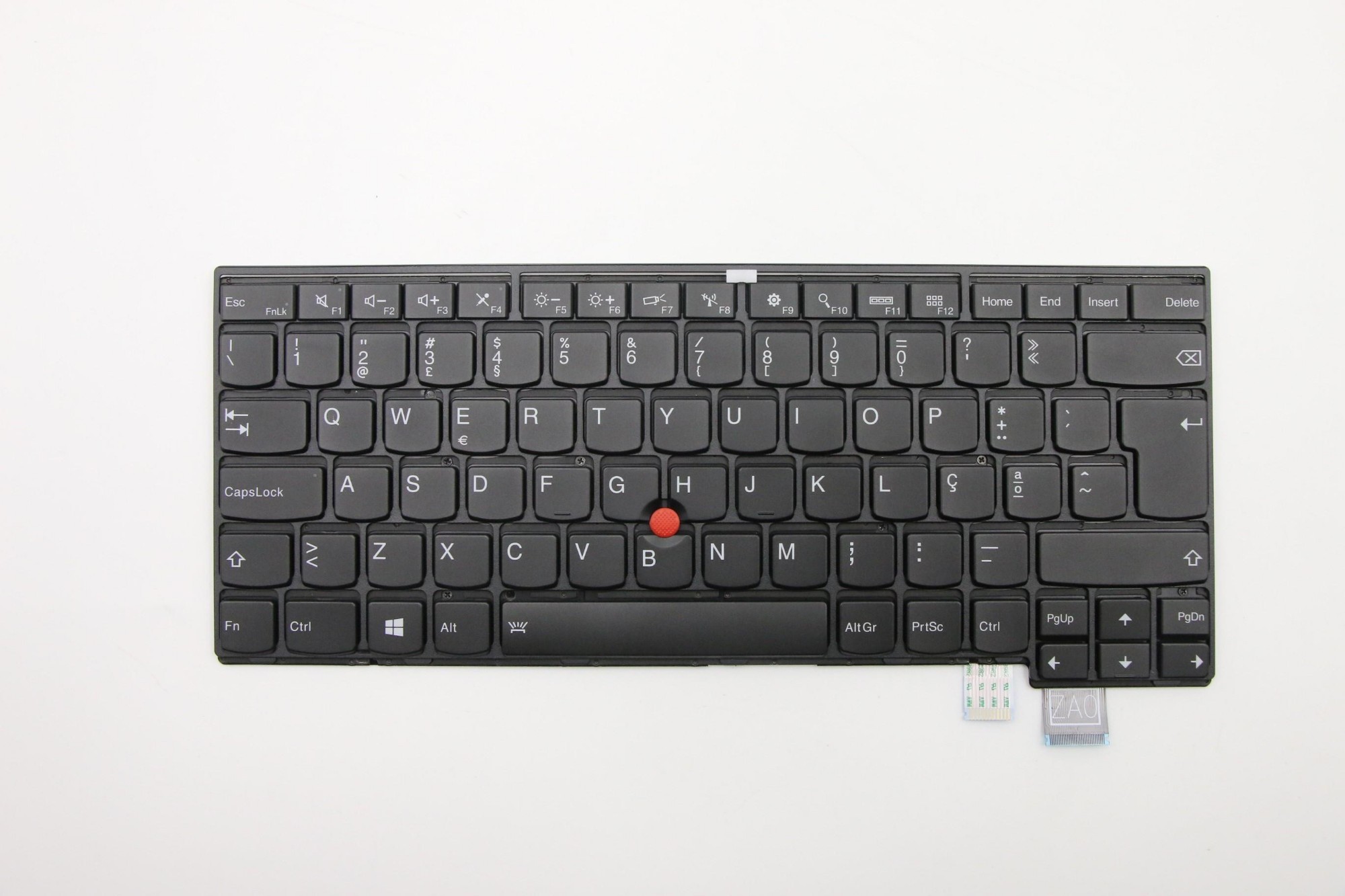 Black Lenovo laptop keyboard featuring a compact layout, with white lettering on keys, a red TrackPoint in the center, and a sleek plastic finish.