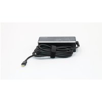 Black Lenovo 65W power adapter with rectangular shape, attached USB-C cable neatly wrapped with a Velcro strap.