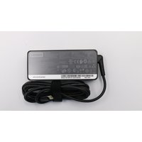 Black Lenovo 65W power adapter with attached cable and right-angle connector, rectangular shape with label on top.