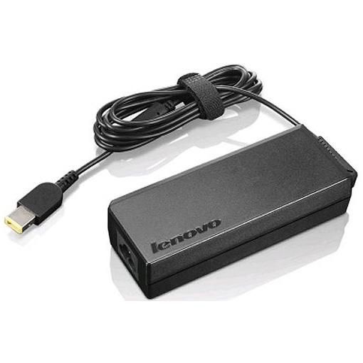 Lenovo 90W Slim Tip AC Adapter in black with a textured surface, featuring a slim design, a yellow-tipped connector, and a flexible cable secured with a strap.