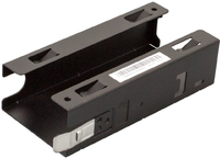 Black metal mounting kit with a rectangular shape, featuring slots for secure attachment and a barcode label on one side.