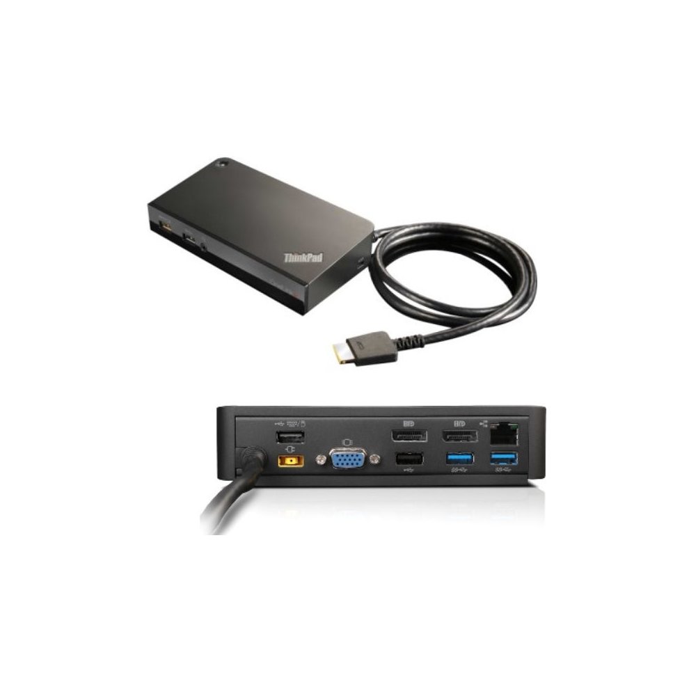 Black Lenovo 03X6300 Laptop Dock features a sleek design with multiple ports including HDMI, USB, and VGA, along with a wired OneLink+ connector for easy connectivity.