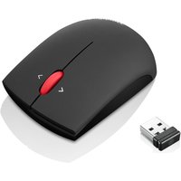 Black Lenovo wireless mouse with red scroll wheel and USB receiver, ambidextrous design, optical 1200 DPI.