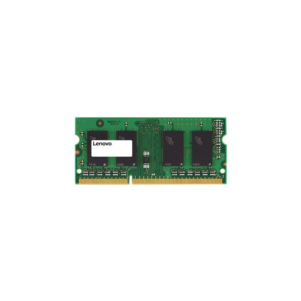 Green circuit board memory module with a gold connector edge, featuring black memory chips and a white Lenovo label, designed for DDR3L 1600 MHz with 8 GB capacity.