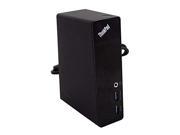 Black Lenovo 03X7138 Laptop Dock with a sleek design, featuring multiple ports including USB and audio jacks, ideal for expanding connectivity options.