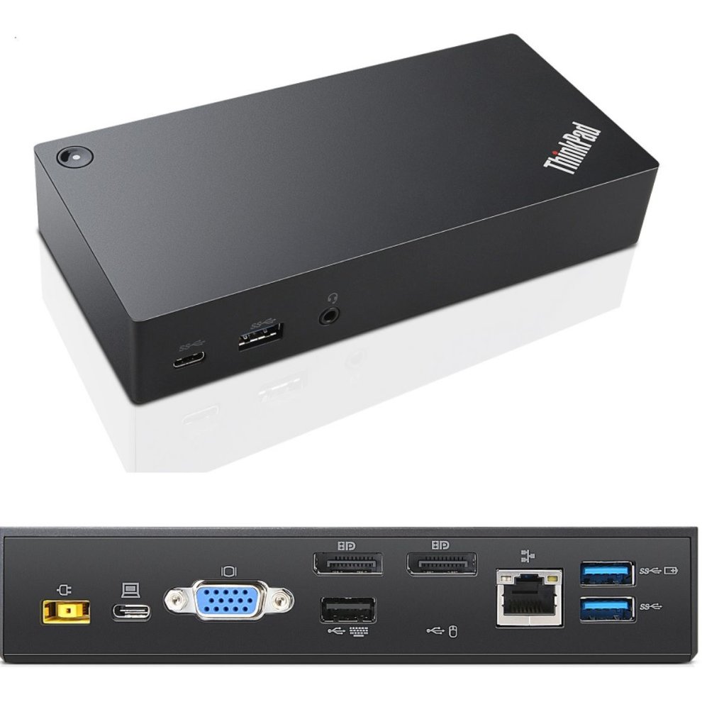 Black Lenovo 03X7194 laptop dock with multiple ports, including USB 3.2, VGA, Ethernet, and audio, featuring a sleek design and the Lenovo logo on the top.