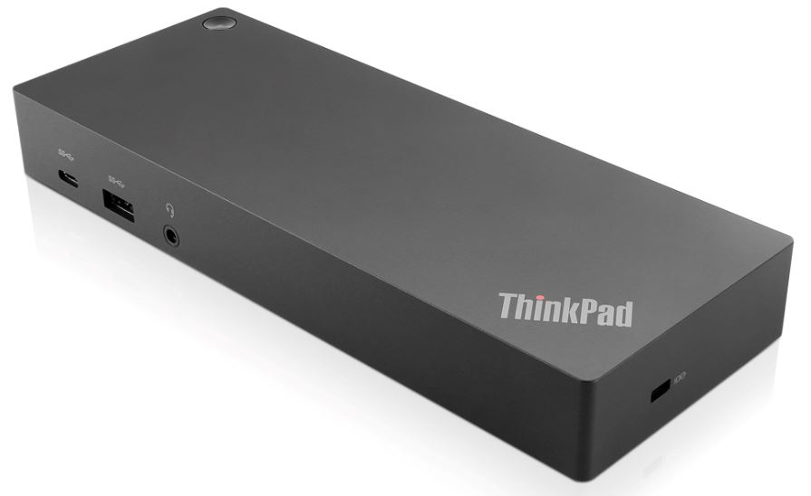 Black Lenovo ThinkPad laptop dock with a sleek design, featuring USB ports, audio jack, and a power connector, designed for efficient connectivity and expansion.