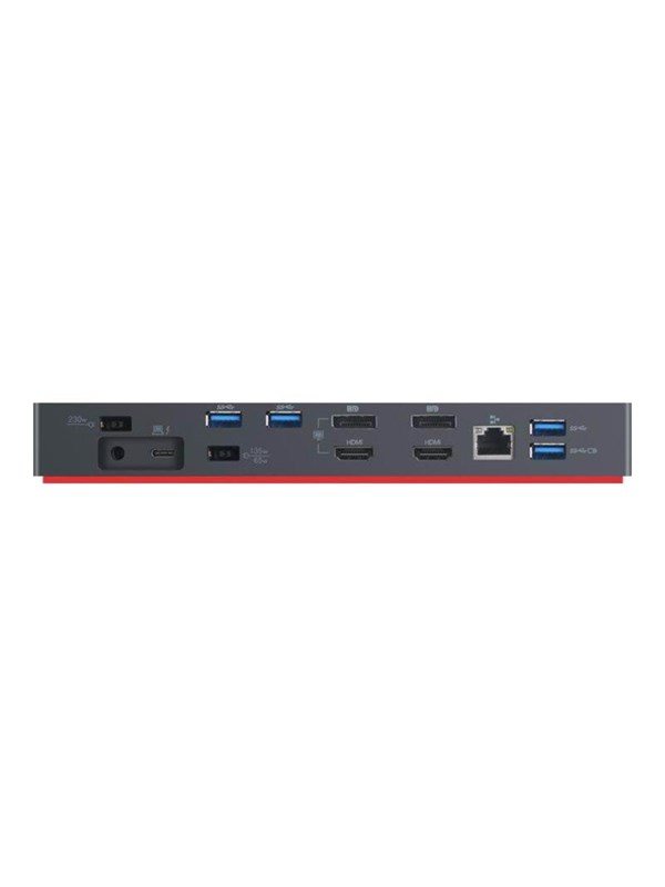 Black Lenovo 03X7538 Laptop Dock with multiple ports including Thunderbolt 3, USB-A, HDMI, and Ethernet, featuring a sleek, rectangular design with a red accent.