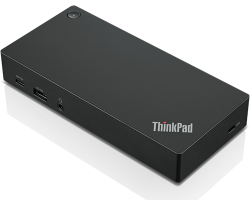 Black Lenovo ThinkPad dock with a sleek design, featuring multiple ports including USB-C, USB-A, and audio jack, designed for wired connectivity and enhanced productivity.