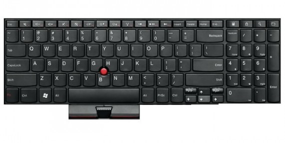 Black Lenovo laptop keyboard featuring a compact layout, with a red TrackPoint in the center, function keys, and a sleek design suitable for various Lenovo laptop models.