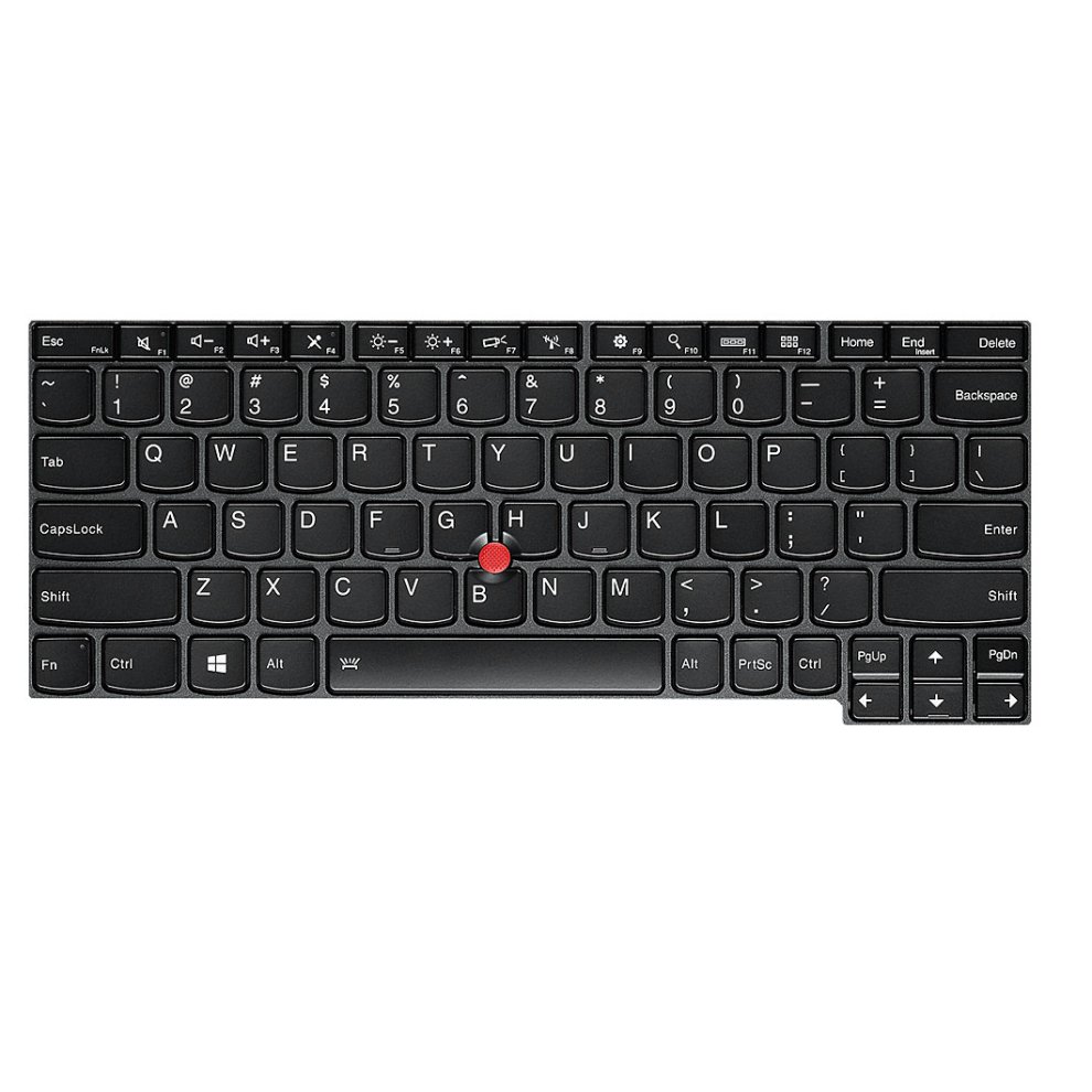 Black Lenovo laptop keyboard with a compact layout, featuring white lettering on keys, a red TrackPoint in the center, and dedicated function keys.