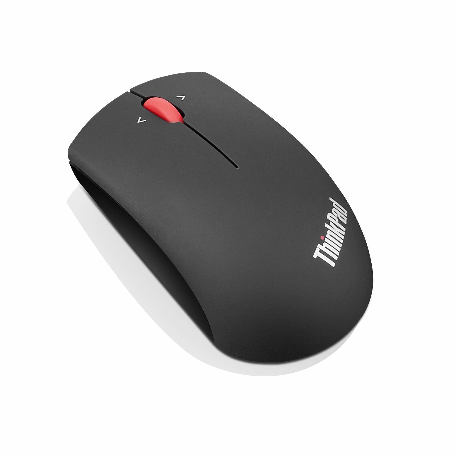 Black ambidextrous wireless optical mouse with a smooth matte finish, featuring a red scroll wheel and two buttons, designed for precision with 1200 DPI sensitivity.