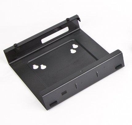 Black metal mounting kit with a flat base, multiple screw holes, and a raised back for secure installation, designed for Lenovo devices.
