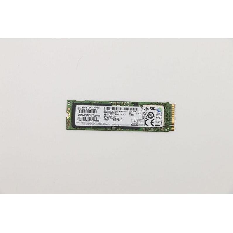 Lenovo 1 PCIe M.2 NVMe SSD in green circuit board design, featuring a silver label with technical specifications and branding, compact and slim profile for high-speed storage.