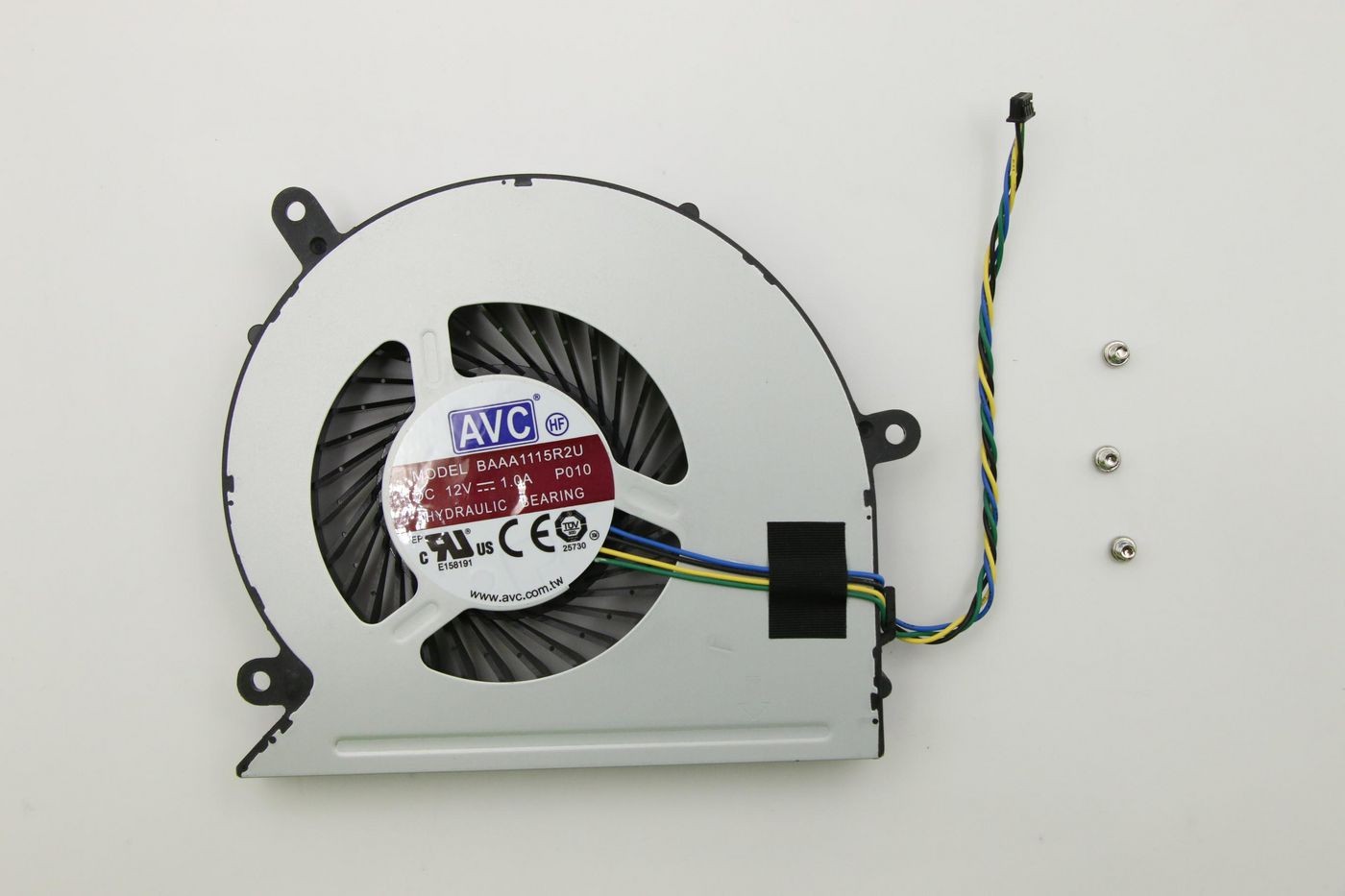 Lenovo CPU cooling fan in silver and black, featuring a circular design with a central motor, colored wires, and three metal screws beside it.